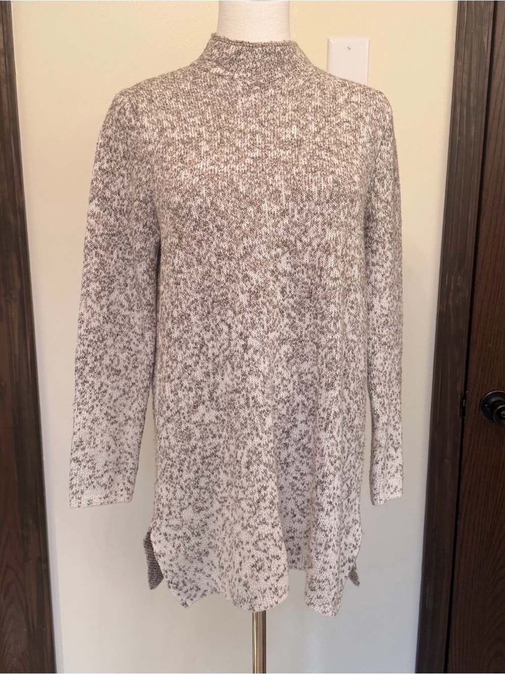 Women’s Long Sleeve Mock Neck Sweater Dress in Heathered Beige